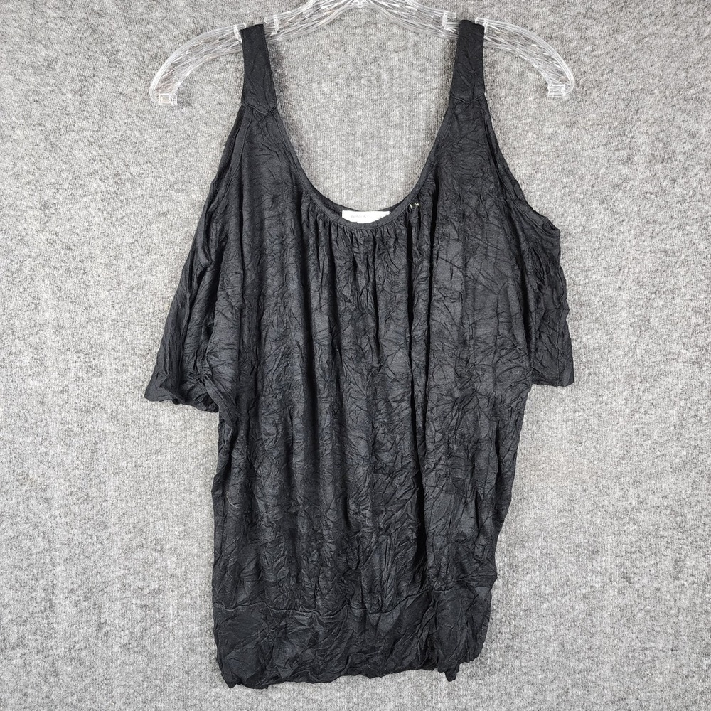 Boston Proper Cold Shoulder Top Women Size M Black Crinkle Scoop Neck 832960‎